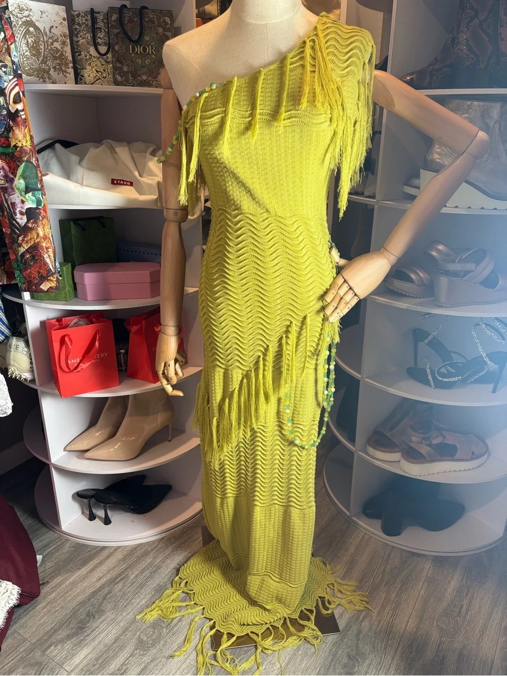 Yllw Frida beaded asymmetrical neck fringe trim slit maxi dress chartreuse XS - Picture 4 of 8